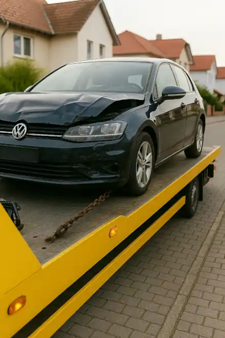 Ein defektes Auto, das für den Autoankauf in Schwedt abgeschleppt wird.